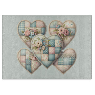 Pastel Cottagecore Patchwork Hearts Cutting Board