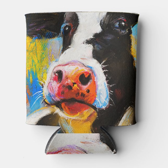 Pastel Cow Portrait Modern Painting Can Cooler (Front)