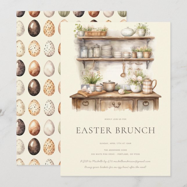 Pastel Cream & Brown Vintage Kitchen Easter Brunch Invitation (Front/Back)