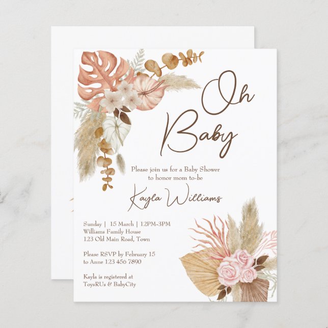Pastel cream dried flowers boho budget invitation (Front/Back)