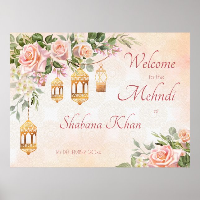 Pastel cream pink roses Arabian lanterns mehndi Poster (Front)
