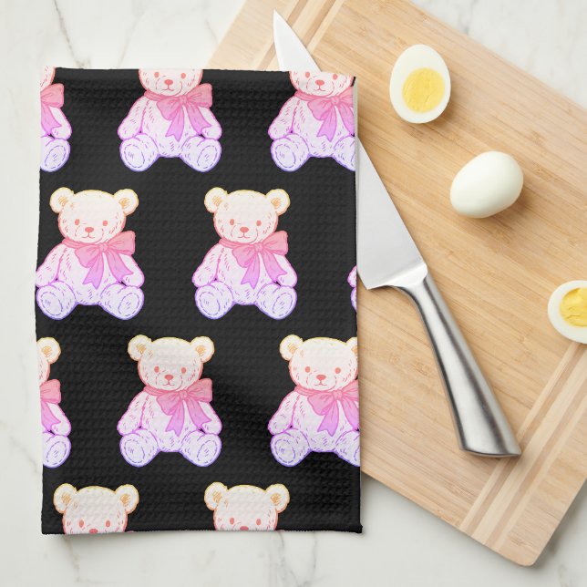 Pastel Creepy Cute Teddy Bear Seamless Pattern on  Tea Towel (Quarter Fold)