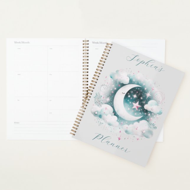 Pastel Crescent Moon Celestial Clouds Personalised Planner (Display)