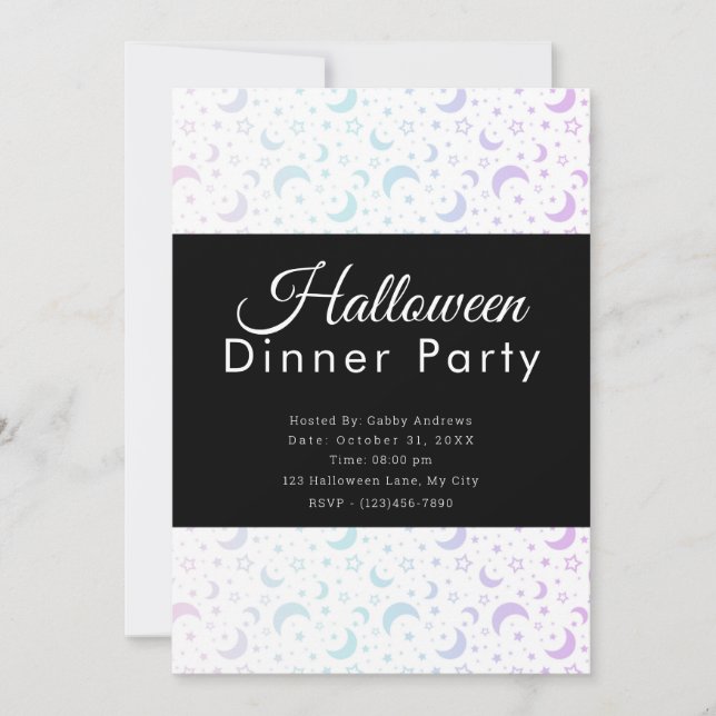 Pastel Crescent Moons Stars Halloween Dinner Party Invitation (Front)