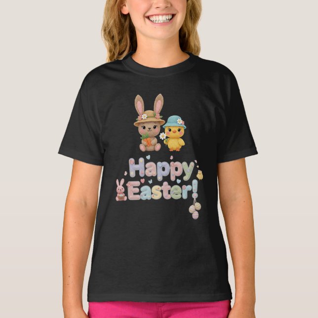 Pastel Crochet Happy Easter Bunny & Chick design  T-Shirt (Front)