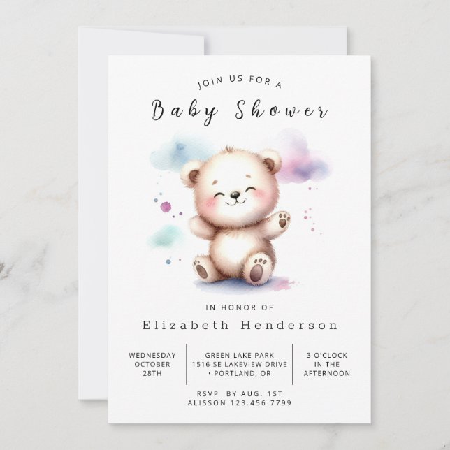 Pastel Custom Bear Baby Shower Invitation (Front)