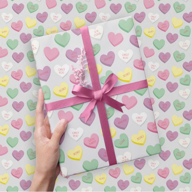 Pastel Custom Conversation Candy Hearts Gift Wrap (cute pattern of Valentine's Day gift wrap pastel conversation hearts with custom personalized text)