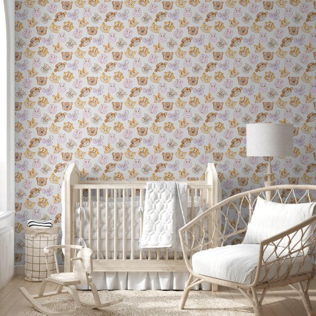 Pastel Cute Animal Faces Hand-Drawn Pattern Wallpaper (Kids)