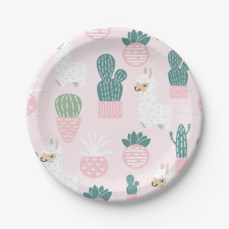 Pastel Cute Baby Pink and Green Llama and Cactus Paper Plate