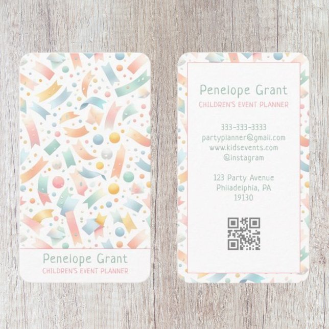 Pastel Cute Confetti Kids Party and Event Planner Business Card (Creator Uploaded)