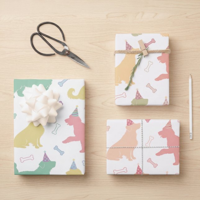Pastel Cute Dog Birthday Party Silhouette Pattern Wrapping Paper Sheet (Creator Uploaded)
