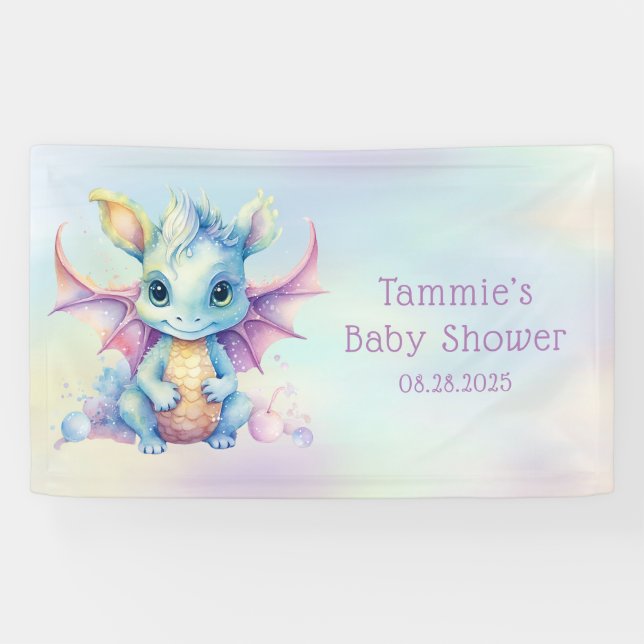 Pastel Cute Dragon Girl Baby Shower Custom Banner (Horizontal)