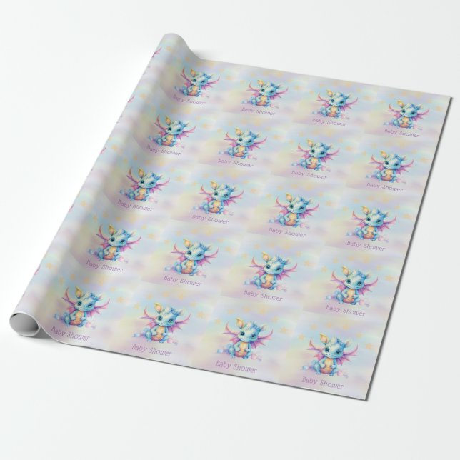 Pastel Cute Dragon Girl Baby Shower Wrapping Paper (Unrolled)