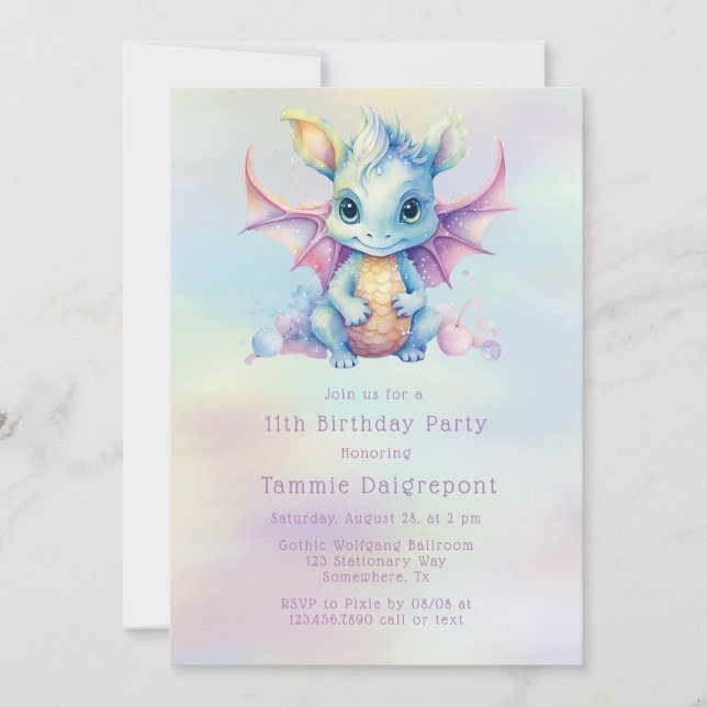 Pastel Cute Dragon Girl Birthday Party Invitation (Front)