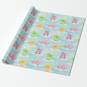 Pastel Cute Dragons And Clouds Light Blue  Wrapping Paper
