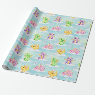 Pastel Cute Dragons And Clouds Light Blue Wrapping Paper