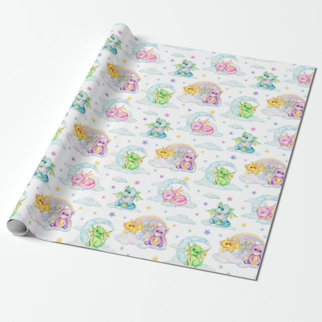 Pastel Cute Dragons And Rainbows Wrapping Paper (Unrolled)