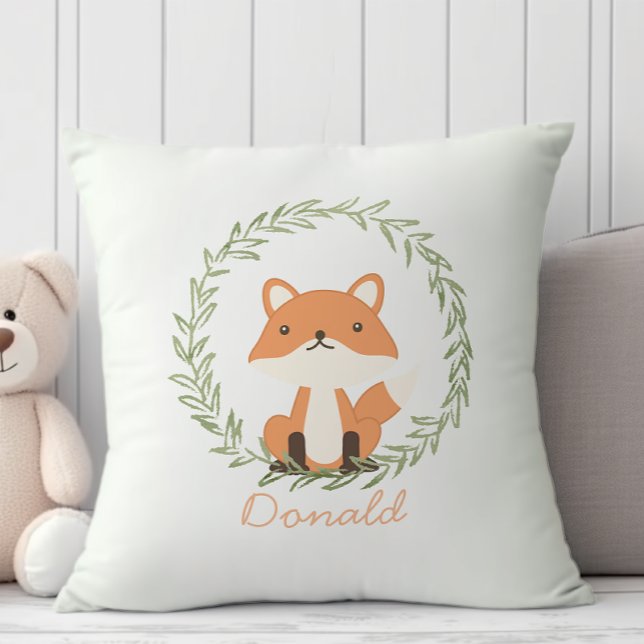 Pastel cute green leaf floral fox baby nursery cushion (Creator Uploaded)
