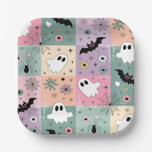 Pastel Cute Halloween Spooky Ghost Checkered Paper Plate