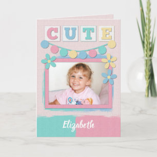 Pastel cute happy birthday with bunting and photo card