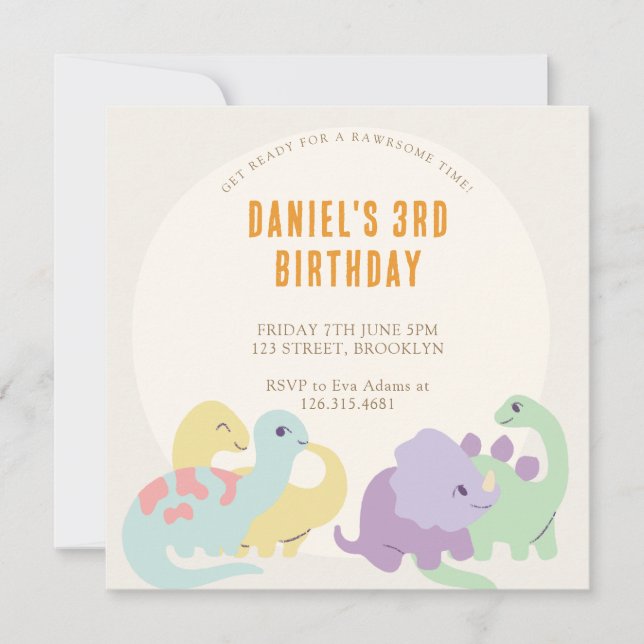 Pastel Cute Illustrated Dinosaur Kids Birthday Invitation (Front)