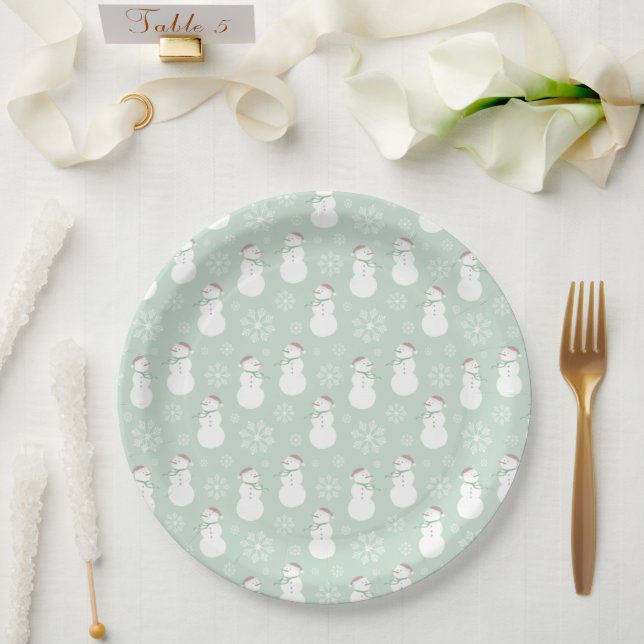 Pastel cute pattern of snowman and snowflakes teal paper plate (Wedding)