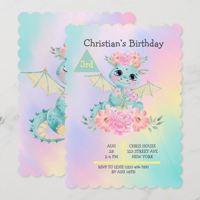 Pastel Cute Teal Dragon Girls' Birthday Party Invitation (Front/Back)