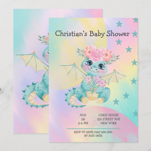 Pastel Cute Teal Dragon Peony Girl Baby Shower Invitation (Front/Back)