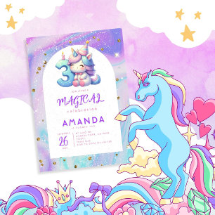 Pastel Cute Unicorn Girl 3rd Birthday Invitation