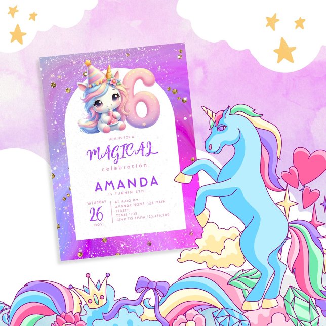 Pastel Cute Unicorn Girl 6th Birthday Invitation (Creator Uploaded)
