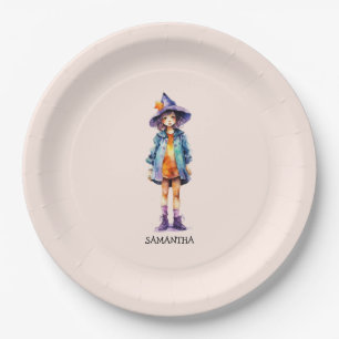 Pastel Cute Witch Girl Halloween Aesthetic Paper Plate
