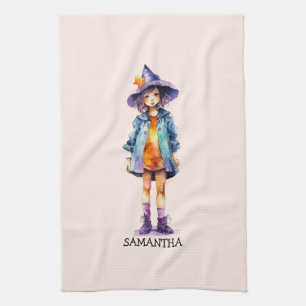 Pastel Cute Witch Girl Halloween Aesthetic Tea Towel