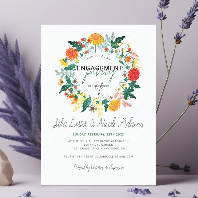 Pastel Dahlia Wildflowers Wreath Engagement Party Invitation (Creator Uploaded)