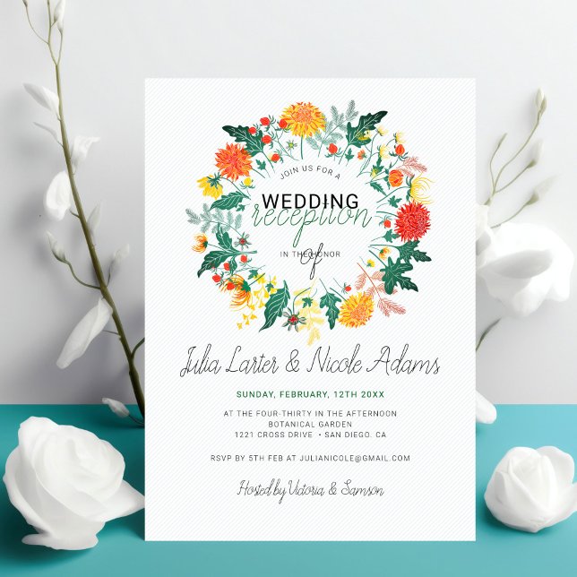 Pastel Dahlia Wildflowers Wreath Wedding Reception Invitation (Creator Uploaded)