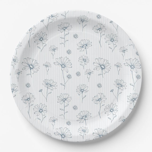 Pastel Daisy Line Art Stripe (2) Paper Plate (Front)