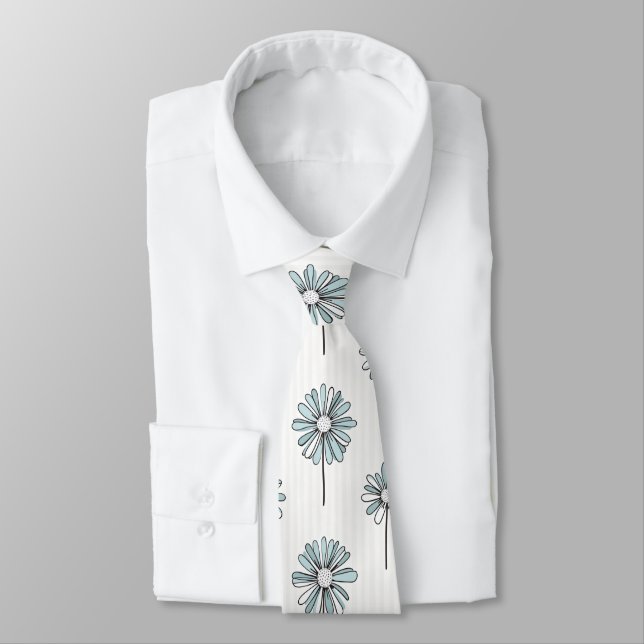 Pastel Daisy Line Art Stripe Tie (Tied)