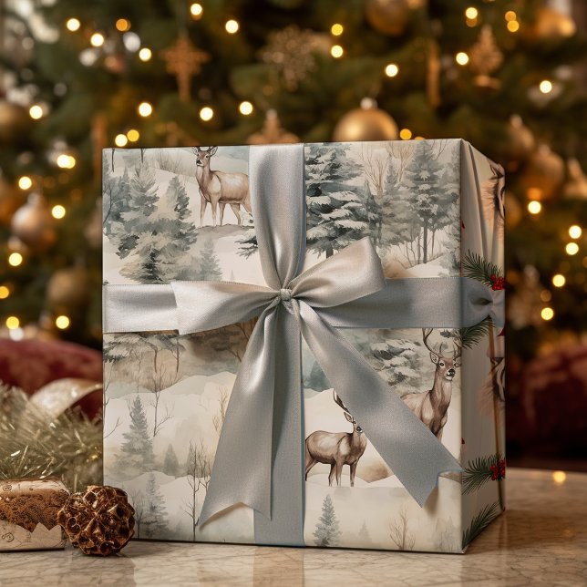 Pastel Deer Watercolor  Sage Green Winter Wrapping Paper Sheet (Creator Uploaded)
