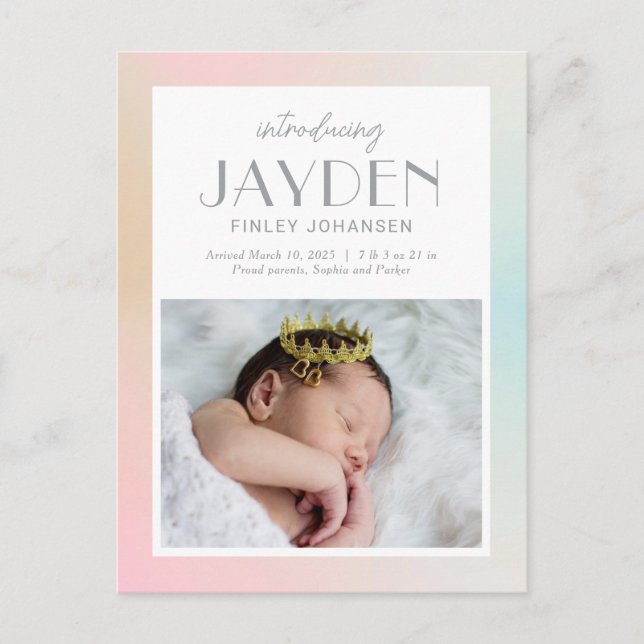 Pastel Delight Modern Birth Announcement Postcard (Front)