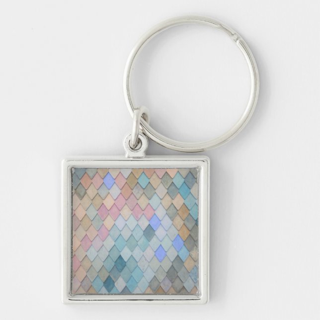 Pastel Diamond Pattern Mermaid Blue Green Pink Key Ring (Front)