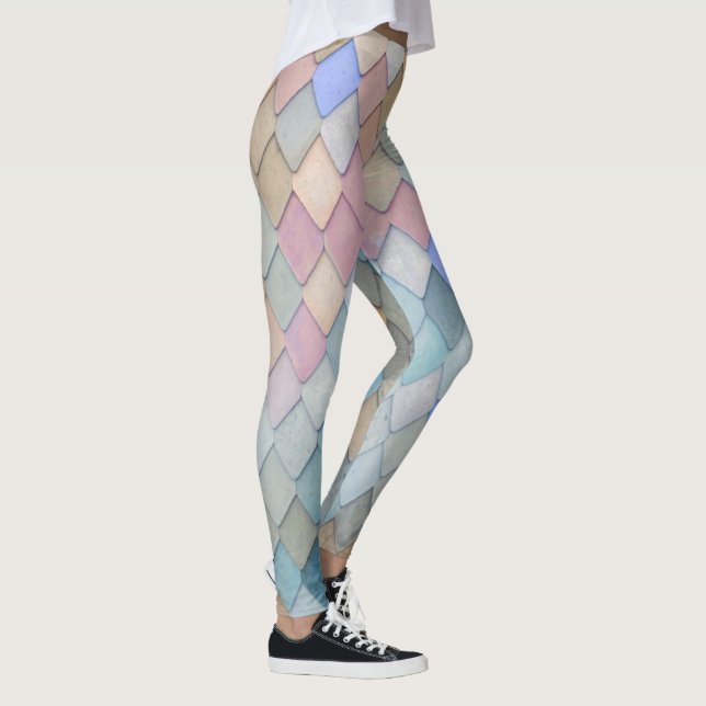 Pastel Diamond Pattern Mermaid Blue Green Pink Leggings (Right)