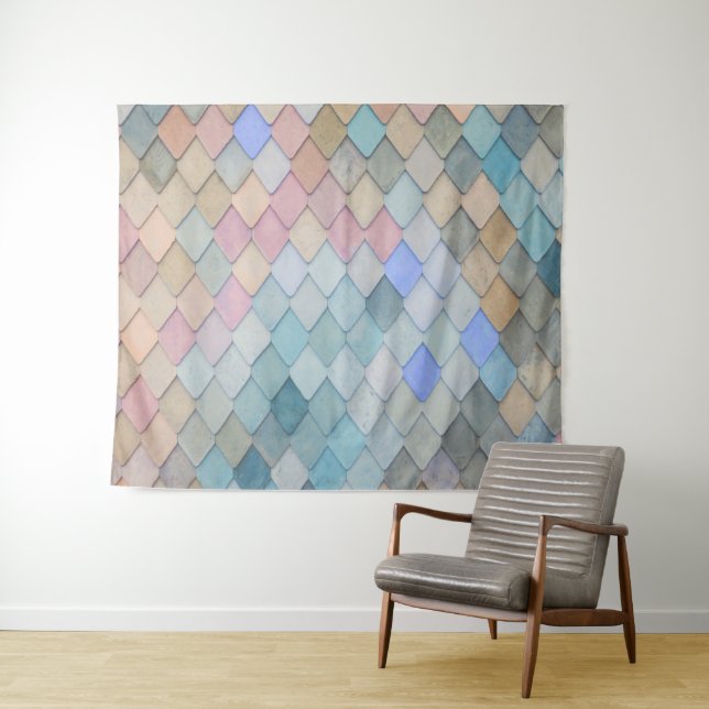 Pastel Diamond Pattern Mermaid Blue Green Pink Tapestry (In Situ (Horizontal))