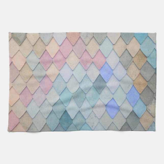 Pastel Diamond Pattern Mermaid Blue Green Pink Tea Towel (Horizontal)