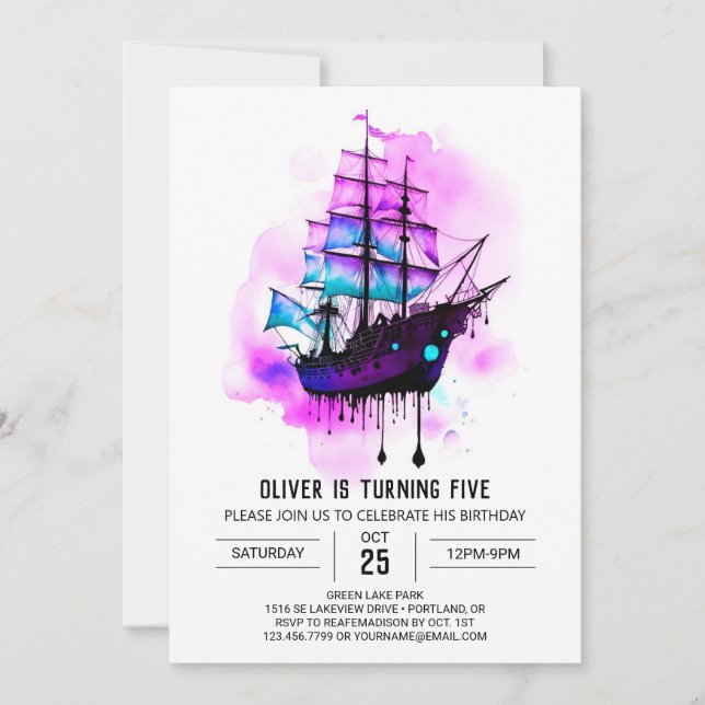 Pastel Digital Waves Pirate Birthday Invitation (Front)