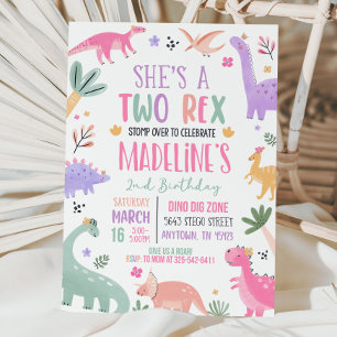 Pastel Dinosaur 2nd Birthday Invitation Girl Two 2