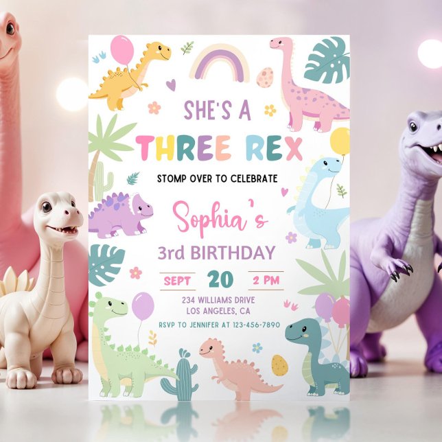 Pastel Dinosaur Birthday Dino Girl Three Rex Party Invitation (Creator Uploaded)
