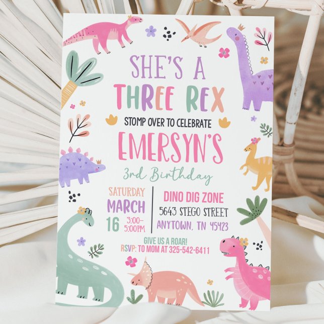 Pastel Dinosaur Birthday Invitation Girl Three Rex (Creator Uploaded)