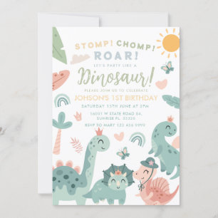 Pastel Dinosaur Stomp Chomp Roar 1st Birthday  Invitation