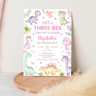Pastel Dinosaur Three Rex Girl 3rd Birthday Invitation