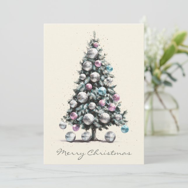Pastel Disco Ball Ornament Christmas Tree  Holiday Card (Standing Front)