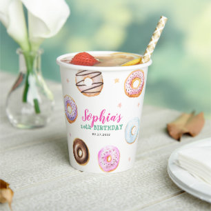 Pastel Donut Star Sprinkles Pink Script Birthday Paper Cups